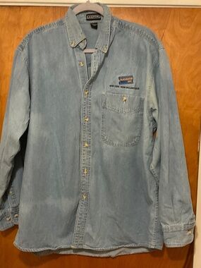 VTG Blockbuster Video Denim Shirt Sz L READ - Condition!